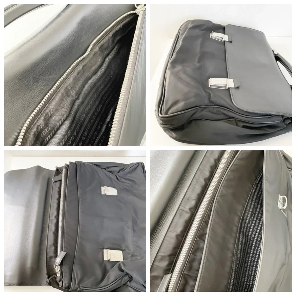 Prada black nylon and leather silver pushlock vintage iconic slouchy briefcase